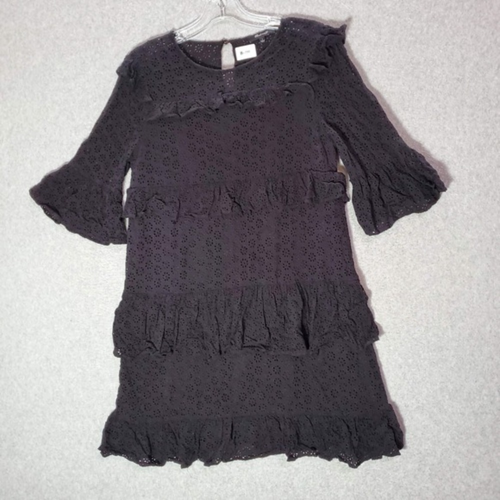 Madewell Women Dress 2 Black Floral Mini Shift Eyelet Ruffles 3/4 Bell Sleeve